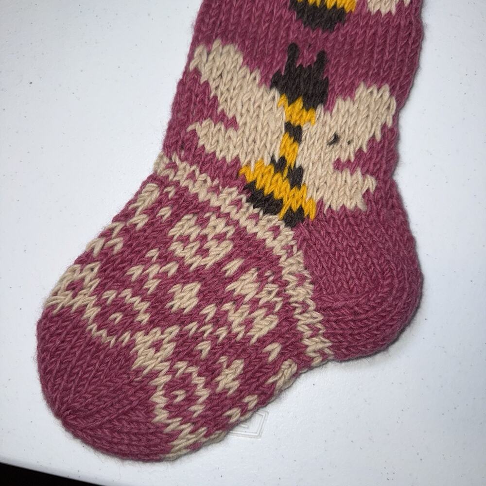 Lakhays 100% Wool Handknit Cottage Holiday Stocking Honeybee Pink Christmas NWT - Picture 4 of 7